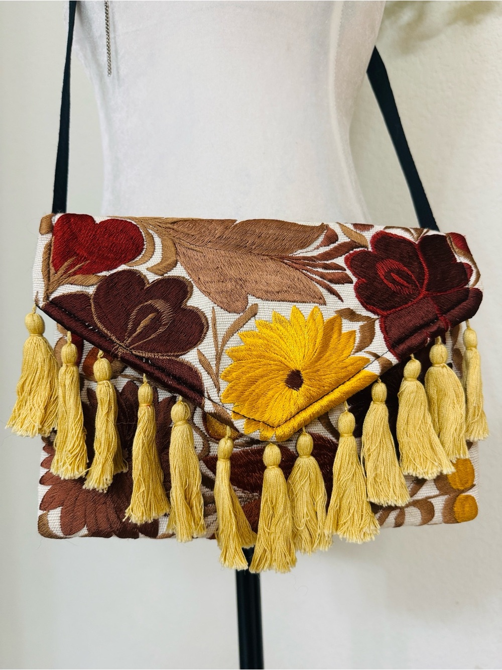 Boho Embroidered Floral Tassel Crossbody Bag Purse Brown Mustard Burgundy
